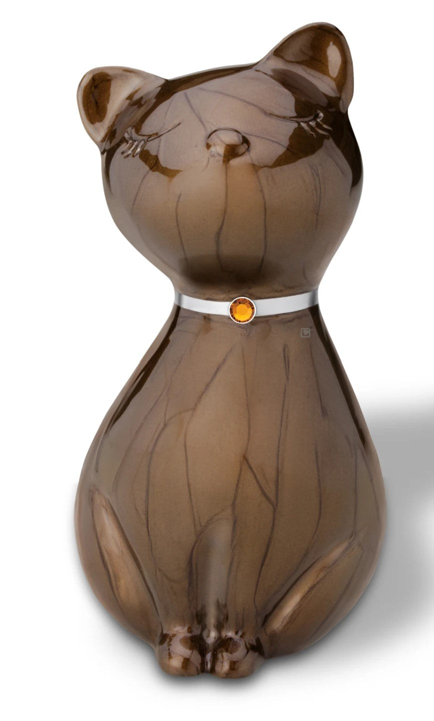 Tierurne in Katzenform mit Swarovskistein Braun