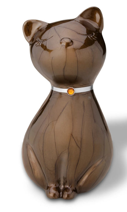 Tierurne in Katzenform mit Swarovskistein Braun