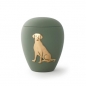Mobile Preview: Tierurne aus Keramik mit gold. Hunderelief in oliv