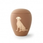 Mobile Preview: Tierurne aus Keramik mit gold. Hunderelief in sand