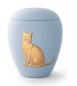 Preview: Tierurne aus samtener Keramik mit gold. Katzenrelief in himmelblau