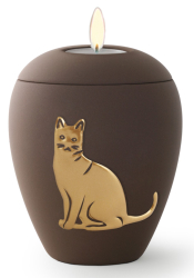 Tierurne aus samtener Keramik mit gold. Katzenrelief mit Gedenklicht 0,5 Liter in versch. Farben