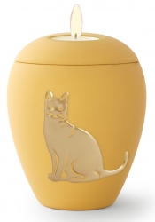 Tierurne aus samtener Keramik mit gold. Katzenrelief in gelb