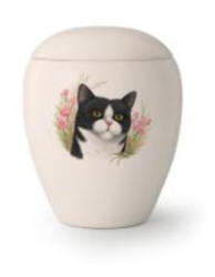 Tierurne matt-weiße Keramik mit 8 verschiedenen Katzenmotiven 0,5 Liter