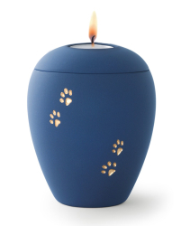 Preview: Tierurne aus samtener Keramik mit goldenen Pfoten in marine mit Gedenklicht