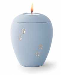 Tierurne aus samtener Keramik mit goldenen Pfoten in himmelblau mit Gedenklicht