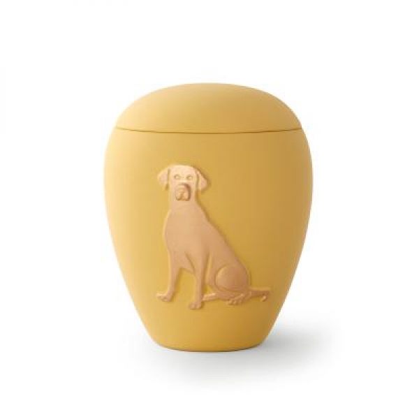 Tierurne aus Keramik mit gold. Hunderelief in gelb