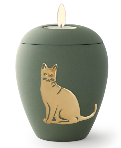 Tierurne aus samtener Keramik mit gold. Katzenrelief mit Gedenklicht 0,5 Liter in versch. Farben