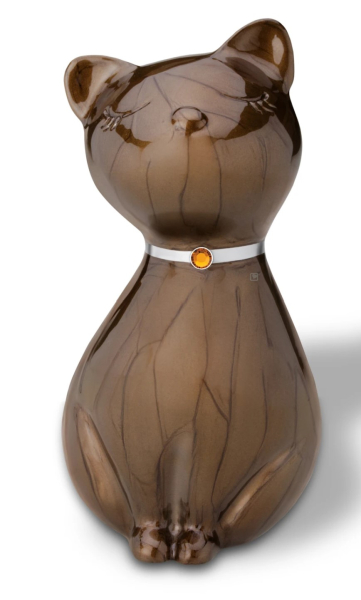 Tierurne in Katzenform mit Swarovskistein Braun