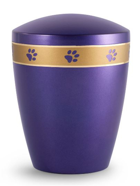 Tierurne aus Naturstoff mit umlaufendem Pfotenband in violett
