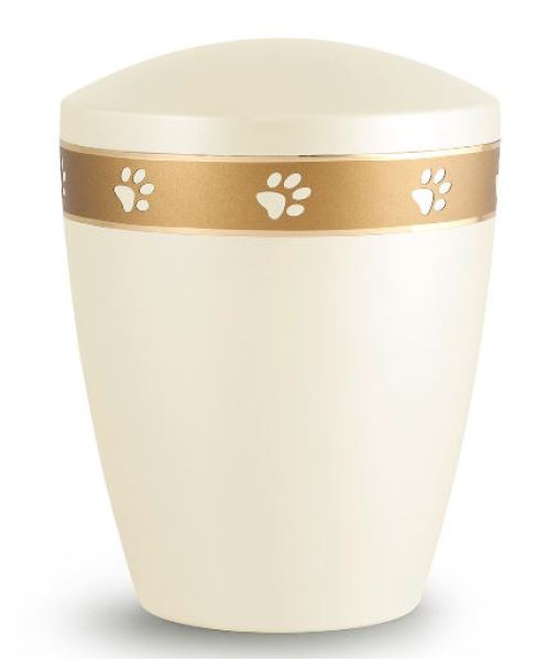Tierurne aus Naturstoff mit umlaufendem Pfotenband in creme